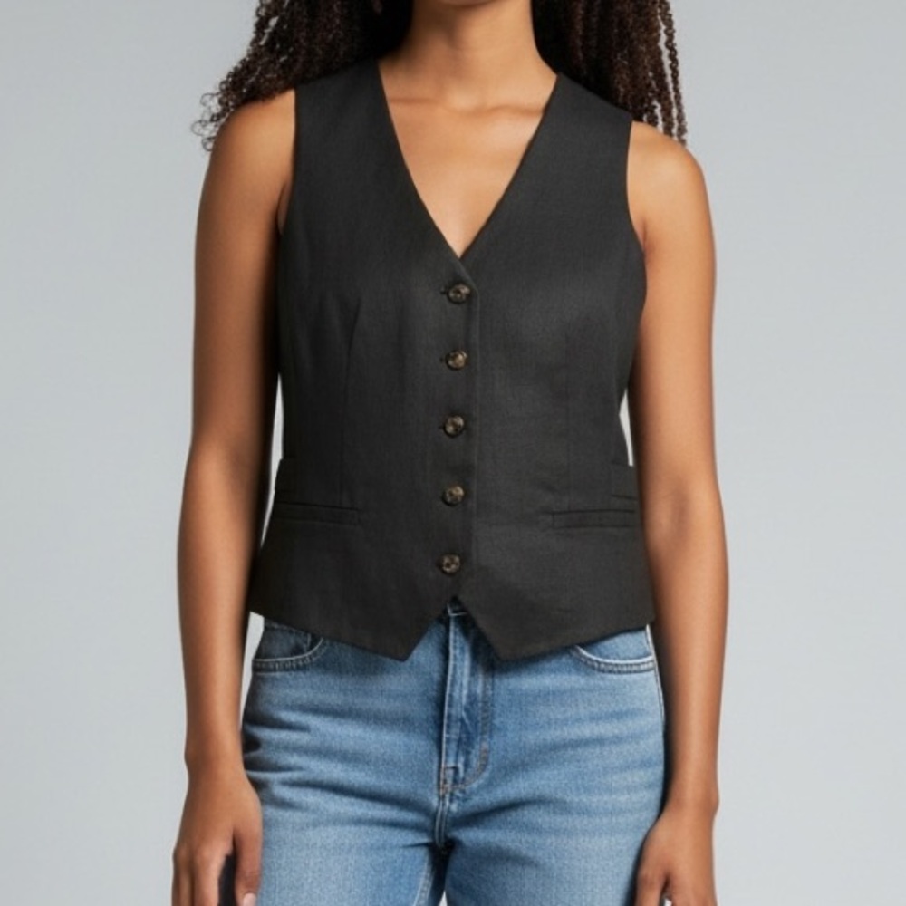 RW&CO Linen Blend Suiting Vest Neutral Tortoise Buttons Size S